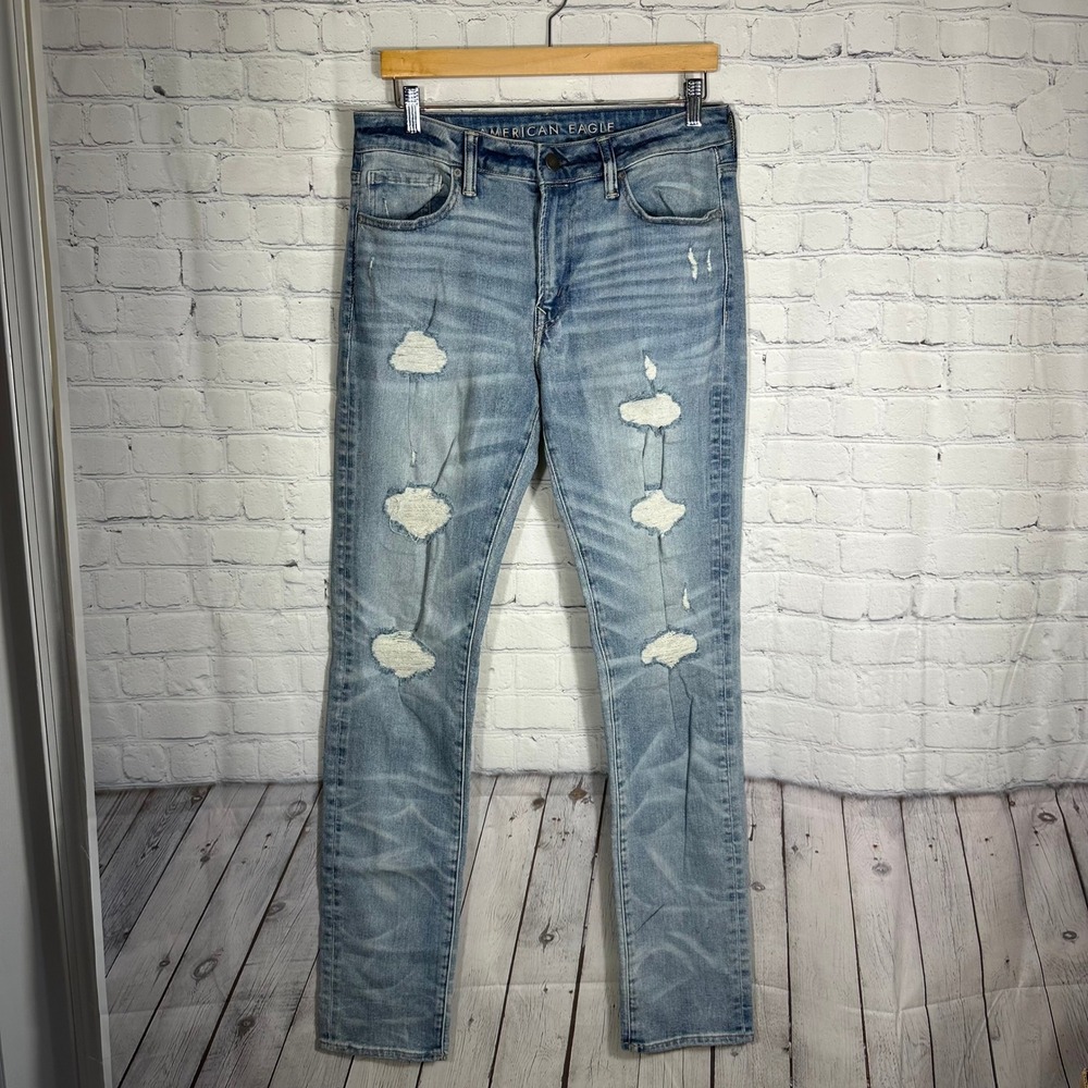 American Eagle Mens Ne(x)t Level Airflex Slim Distressed Ripped Light Wash Jeans